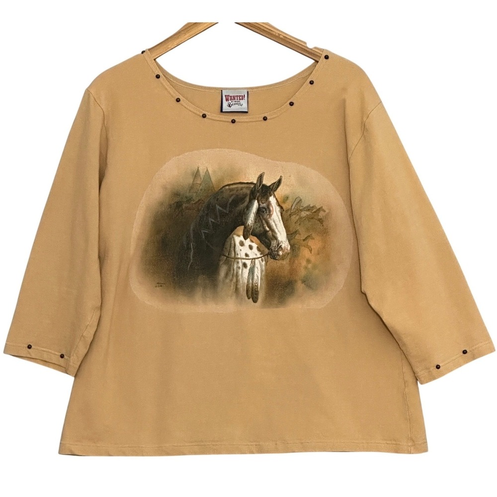 Vintage Wanted! Womens Top L Tan Horse Graphic Studded Country Western Cowgirl